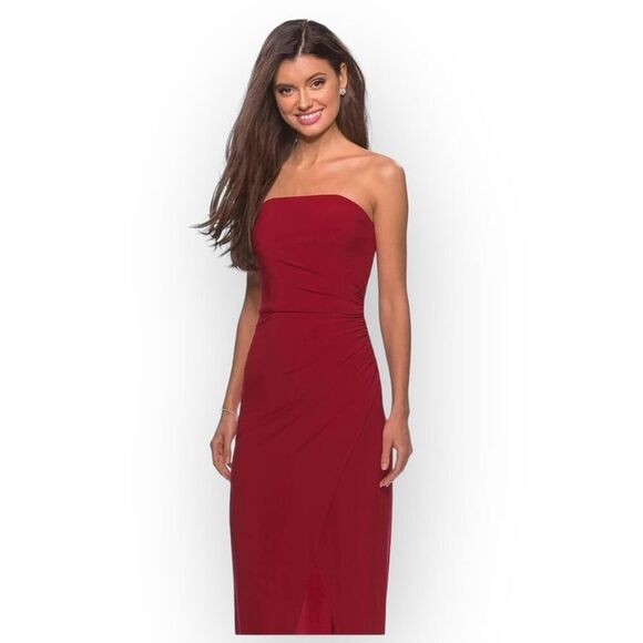 La Femme 28204 Strapless Jersey Sheath Dress Women's 10 Red Maxi Slit NWOT - Picture 9 of 9